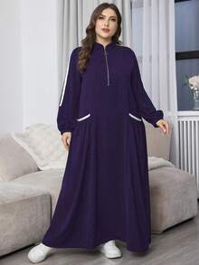Al Najma 加大码休闲大口袋拉链舒适宽松黑色长裙女装 - 紫色 - 查看 6