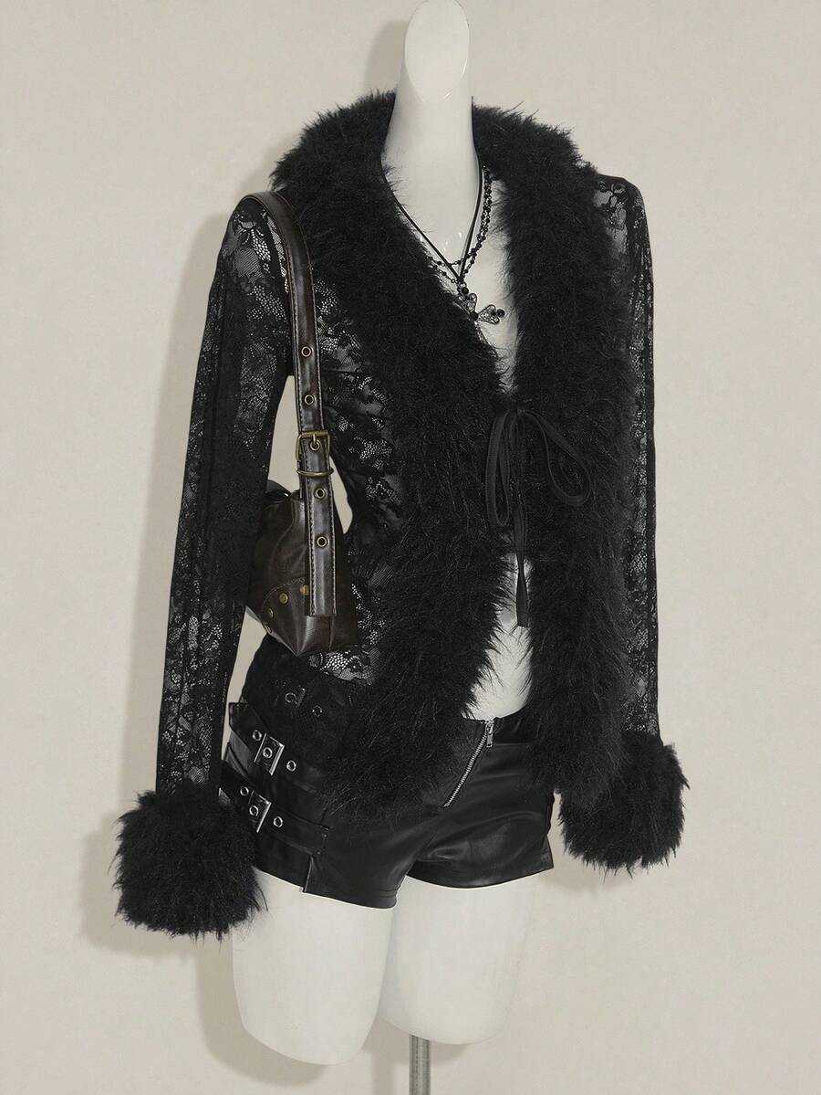 SHEIN ICON 女式花卉蕾丝拼接长袖系带时尚衬衫 - 黑色 - 查看 1
