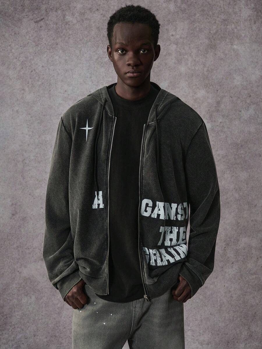 STYNVO 男士字母图案连帽领长袖卫衣 - 黑色 - 查看 1