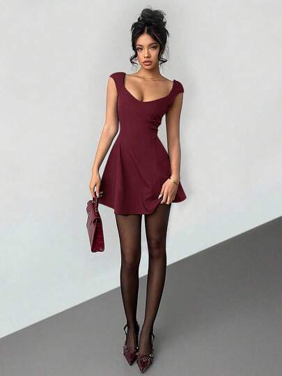 Aloruh Women's Solid Color Sweetheart Neck Cap Sleeve Fashionable Mini Dress,Party Dresses For Women