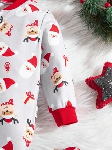SHEIN 2件套新生女宝宝可爱休闲卡通图案针织长袖连体衣套装 - 紅色 - 查看 6