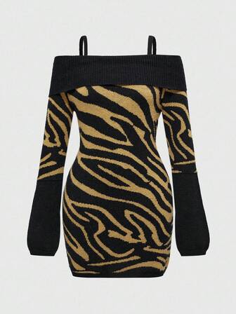 Grunge Punk Y2K Retro Sexy Off-Shoulder Zebra-Muster Pulloverkleid für Frauen