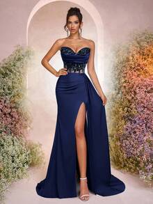 Glamrae Elegant Green Satin Strapless Plunging Neckline Sheer Mesh Fishbone Applique 3D Floral Mermaid High Slit Side Draped Adjustable Tie Dress, Suitable For Date, Vacation, Birthday, Party, Prom, Wedding, Formal Occasion, Valentine's Day - Navy Blue - View 3