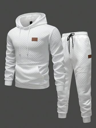 Manfinity Homme Men's Hoodie + Drawstring Pants Set, Solid Color Diamond Jacquard Fabric, Label Detail Design, Casual Sports Suit, Autumn/Winter Minimalist Casual Wear For Home, Commute Daily Leisure, Weekend Trips, Outdoor Activities, Travel Expeditions, Relaxed Work Environments Or Semi-Formal Occasions,Boyfriend/Husband Gift, Anniversary Gift
