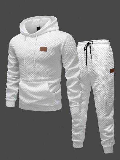 Manfinity Homme Men's Hoodie + Drawstring Pants Set, Solid Color Diamond Jacquard Fabric, Label Detail Design, Casual Sports Suit, Autumn/Winter Minimalist Casual Wear For Home, Commute Daily Leisure, Weekend Trips, Outdoor Activities, Travel Expeditions, Relaxed Work Environments Or Semi-Formal Occasions,Boyfriend/Husband Gift, Anniversary Gift