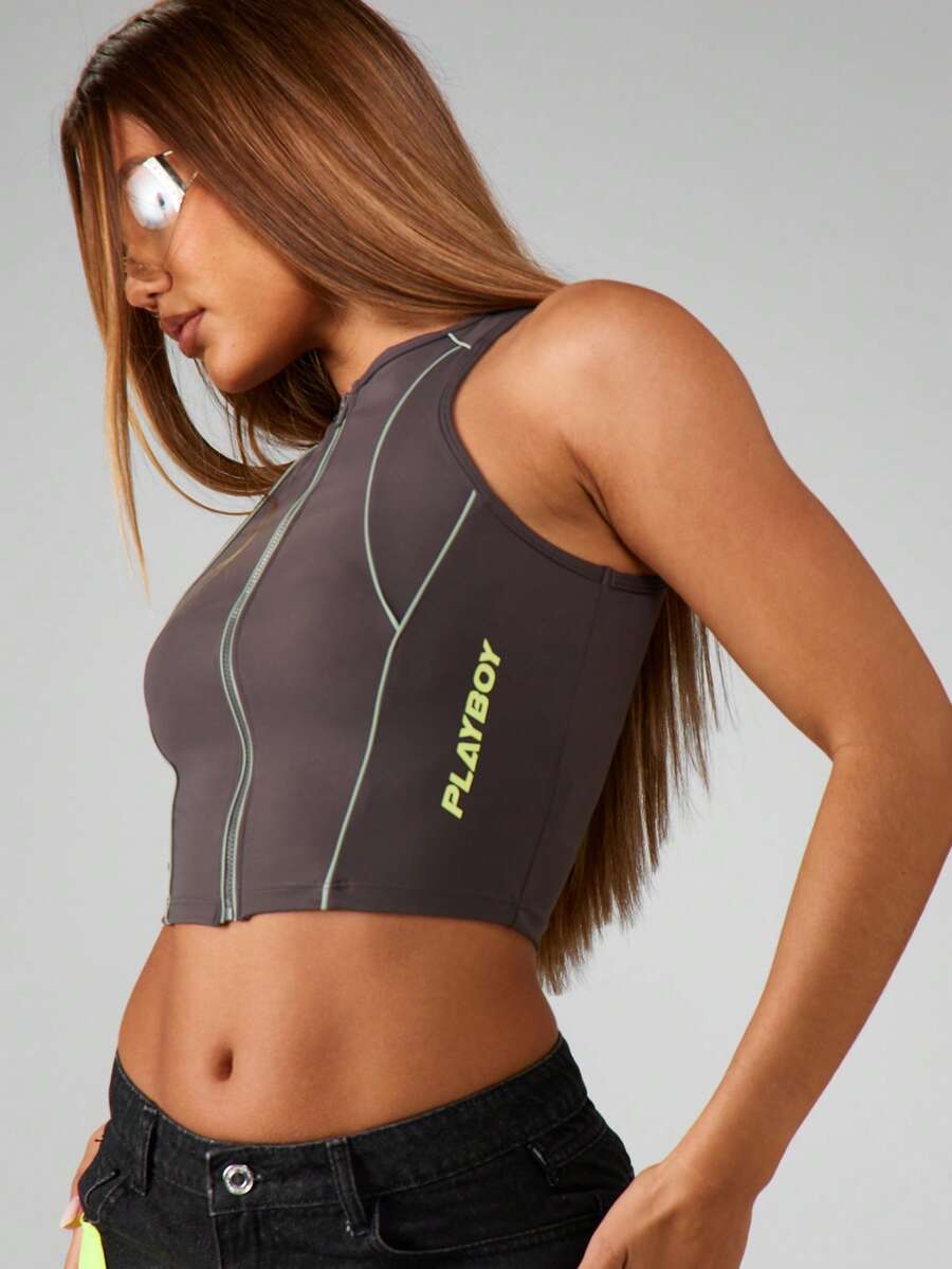 Missguided x Playboy High Neck Sports Crop Top Performance Athletic Compression Tank Full Zip Front Activewear Running Gym Workout Training Fitness Exercise Top Moisture Wicking Fabric - Volcanic Gray - View 1