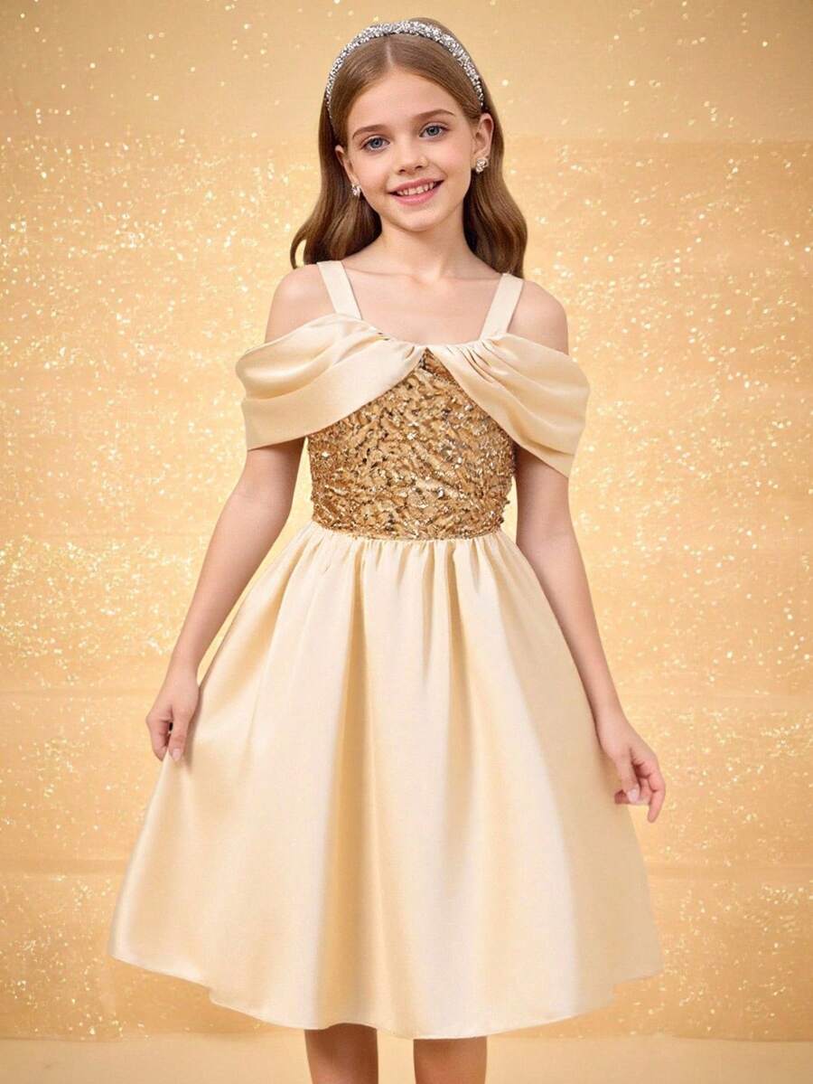 Robe de soirée élégante pour préadolescentes, avec bretelles spaghetti, épaules dénudées, taille cintrée et coupe slim. Luxueuse robe de satin rétro avec sequins champagne - Champagne - Voir 1