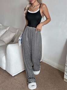 SHEIN 女士蕾丝纹理罗纹吊带背心和罗纹印花睡裤套装 - 黑色 - 查看 5