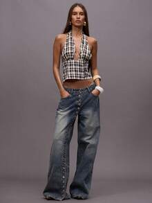 MUSERA Black And White Checkered Ruched Bust Plunge Halterneck Top,Summer Street Wear Y2k Club Night Out Elegant Holidays Party Festival - Multicolor - View 5