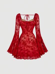 SHEIN MOD Váy cổ vuông tay chuông ren đỏ cỡ lớn - Đỏ - Xem 2