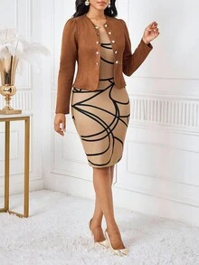 SHEIN Lady Bộ áo khoác tay phồng màu trơn và váy yếm họa tiết hình học thanh lịch 2 món cho nữ, mùa thu - Nhiều màu - Xem 6