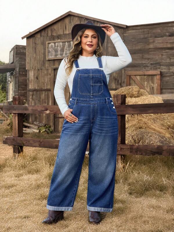 EMERY ROSE Plus Size Women Loose Vintage Washed Denim Bib Overall Jumpsuit