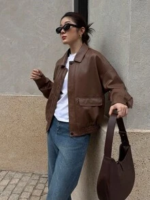 SHEIN K-Vae 女士秋冬棕色翻领老款PU夹克，防风保暖冬季夹克，机车夹克，新年夹克 - 棕色 - 查看 2