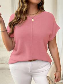 Vionelle Simple Commute Solid Color Plus Size Knitted Sweater - Pink - View 4