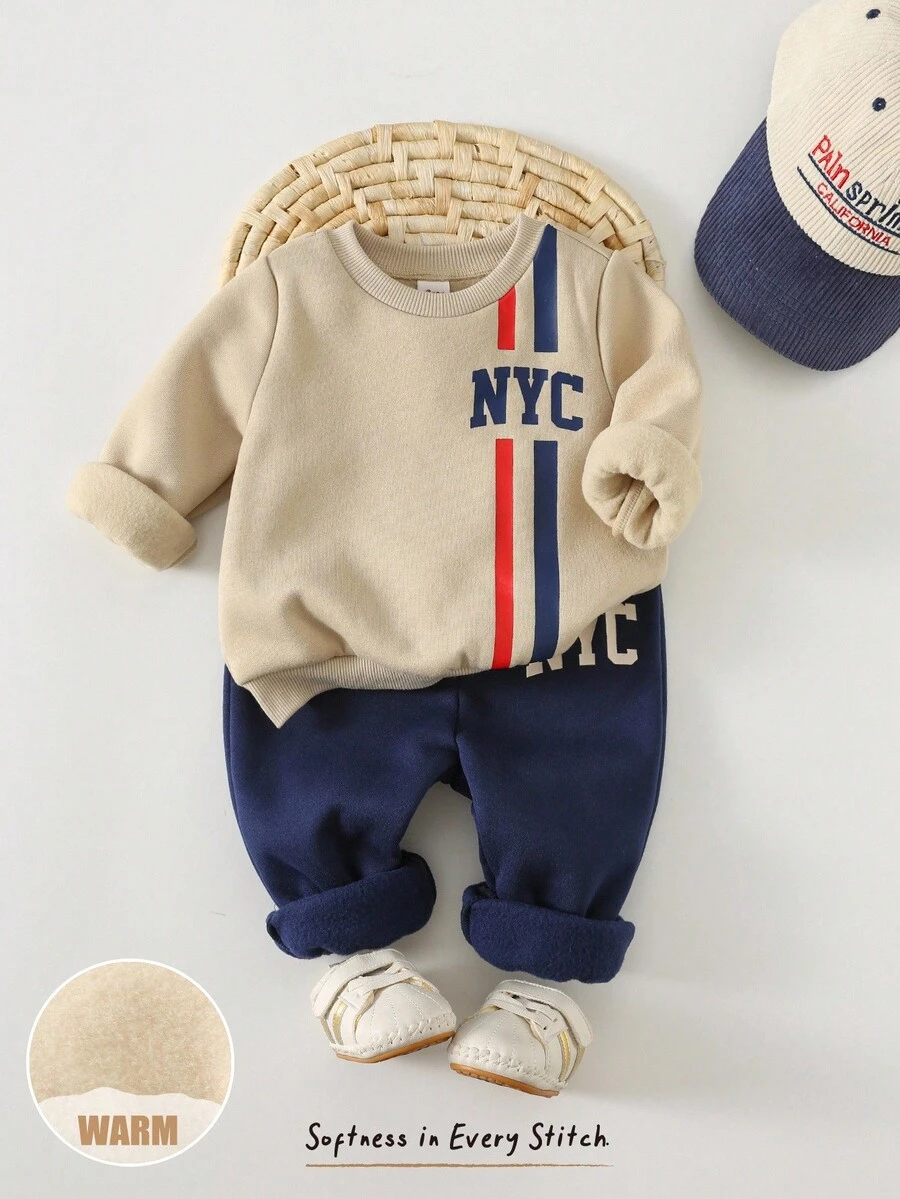 Cozy Pixies 两件套男婴字母条纹针织柔软圆领长袖套头卫衣和松紧腰运动裤套装，休闲简约学院风，时尚运动衫造型 - 彩色 - 查看 1