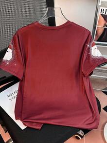 SHEIN 女士水钻圣诞老人圆领短袖 T 恤，圣诞礼物 - 彩色 - 查看 2