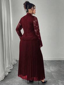 Modelyn Bộ váy midi voan xếp ly và áo ren thanh lịch cỡ lớn cho nữ, đầm dạ hội dự tiệc cao cấp - Đỏ - Xem 2