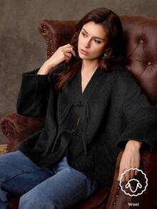 Lilora Mantel Wol Campuran Warna Polos Kasual Wanita dengan Dua Saku, Musim Gugur/Dingin, Gaya Klasik, Bahan Fleece, Cocok untuk Konser, Pakaian Musim Dingin Wanita, Gaya Cina - Hitam - View 10