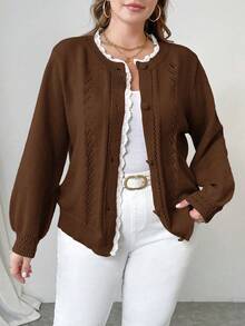 EMERY ROSE 大码女式纯色蕾丝宽松休闲开衫，秋冬 - 棕色 - 查看 4