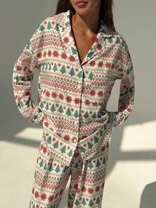 Aloruh 2-Piece Women's Comfortable Christmas Party Pajama Set, Romantic Christmas Tree Print Holiday Home Clothes, Christmas Party Home Clothes, Holiday Home Wear, Long-Sleeved Shirt And Wide-Leg Pants Two-Piece Set