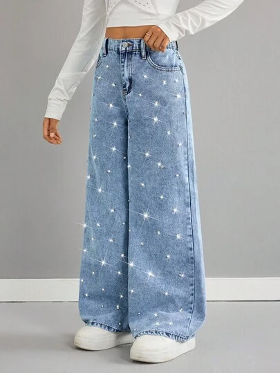 SHEIN Tween Girl Y2K Light Washed Rhinestone Embellished Pocket Wide Leg Loose Casual Jeans,Shiny Rhinestone Loose-Fitting Wide-Leg Jeans,Fall Winter Casual Jeans,Baggy Jeans Girl,Airport,Wide Leg Pants,Streetwear,Funny Jeans,Back To School,Elegant Party Bling,Christmas