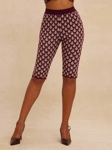 NYA SZN 中腰七分修身紧身裤，口袋设计，格纹印花图案，适合日常休闲、音乐会、生日约会、商务休闲、办公室等场合，秋冬针织弹力女装 - 紫色 - 查看 4