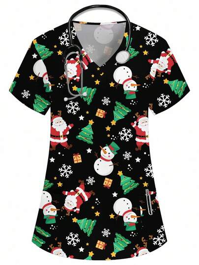 PopScrub Christmas V-Neck Short Sleeve Double Pocket Cute Santa Claus, Snowman, Star, Snowflake, Santa Hat, Candy Cane, Christmas Gift, Cartoon Print Design Nurse/Doctor Uniform Top/ Examination Surgical Uniform/Solid Color Pet Grooming Work Uniform Top/Nutritionist Work Uniform Short Sleeve/Multi-Pocket Functional Lab Work Uniform, Functional Women's Holiday Outfit, Christmas Blouse, Christmas Decor, Adorable, Joyful