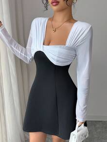 Modelyn French Elegant Design Patchwork Cinched Waist Light Cocktail Dress - Black and White - View 7