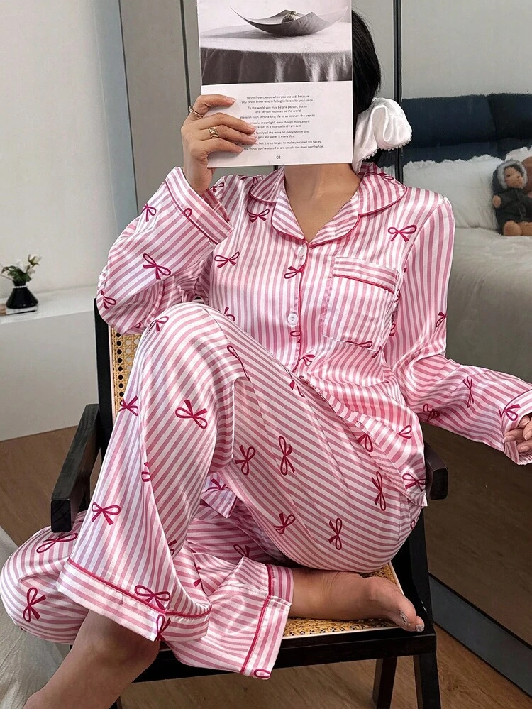 Women's Casual Pink Satin Long Sleeve Top & Pants Pajama Set With Striped And Bow Print Long Pants Home Wear Pink Pajama Set Bow Print Pajamas Striped Pajama Set Pajama Sets For Women, Fall Winter Clothes - Pink - View 5