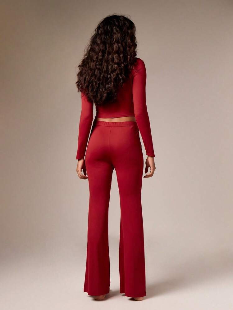 Long Sleeve Crop Top With High Waist Flare Pants Set