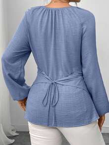 Elenzga 女式串珠裹身式束腰衬衫，秋冬 - 霧霾藍 - 查看 2