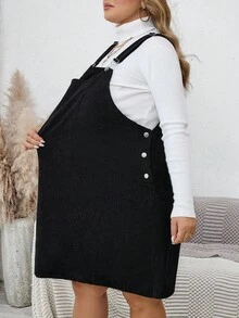 SHEIN CURVE+ Plus-Size Women's Large-Size Early Autumn Corduroy Dress With Suspenders, Spring And Autumn Black Short Skirt, Casual Basic Dress With Suspenders