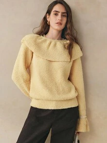 INAWLY Women's Solid Color Round Neck Long Sleeve Ruffle Patchwork Loose Sweater, Autumn/Winter - Yellow - View 1