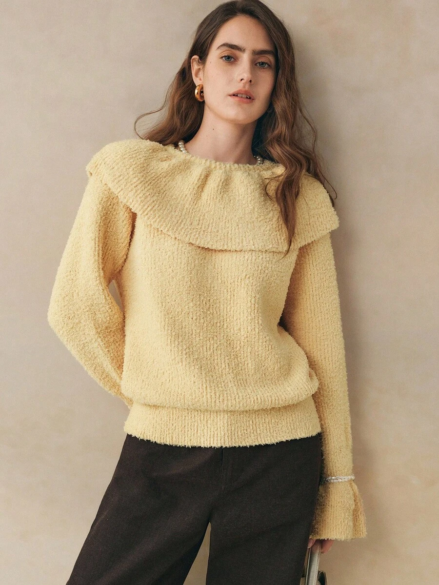 INAWLY Women's Solid Color Round Neck Long Sleeve Ruffle Patchwork Loose Sweater, Autumn/Winter - Yellow - View 1