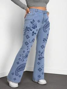 Jeanoix 大码女式腰果图案高腰口袋休闲喇叭牛仔裤 - 藍色 - 查看 3