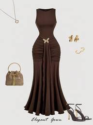 SHEIN MOD Plus Size Women's Brown Ruched Dress,Wedding Party Dress,Elegant Dress Women,Formal Dress, Dress, Party Dress,Metal Buckle Decoration,Country Concert Outfit,Old Money Style Women,Dresses For Women Party Formal Dresses For Wedding Guest