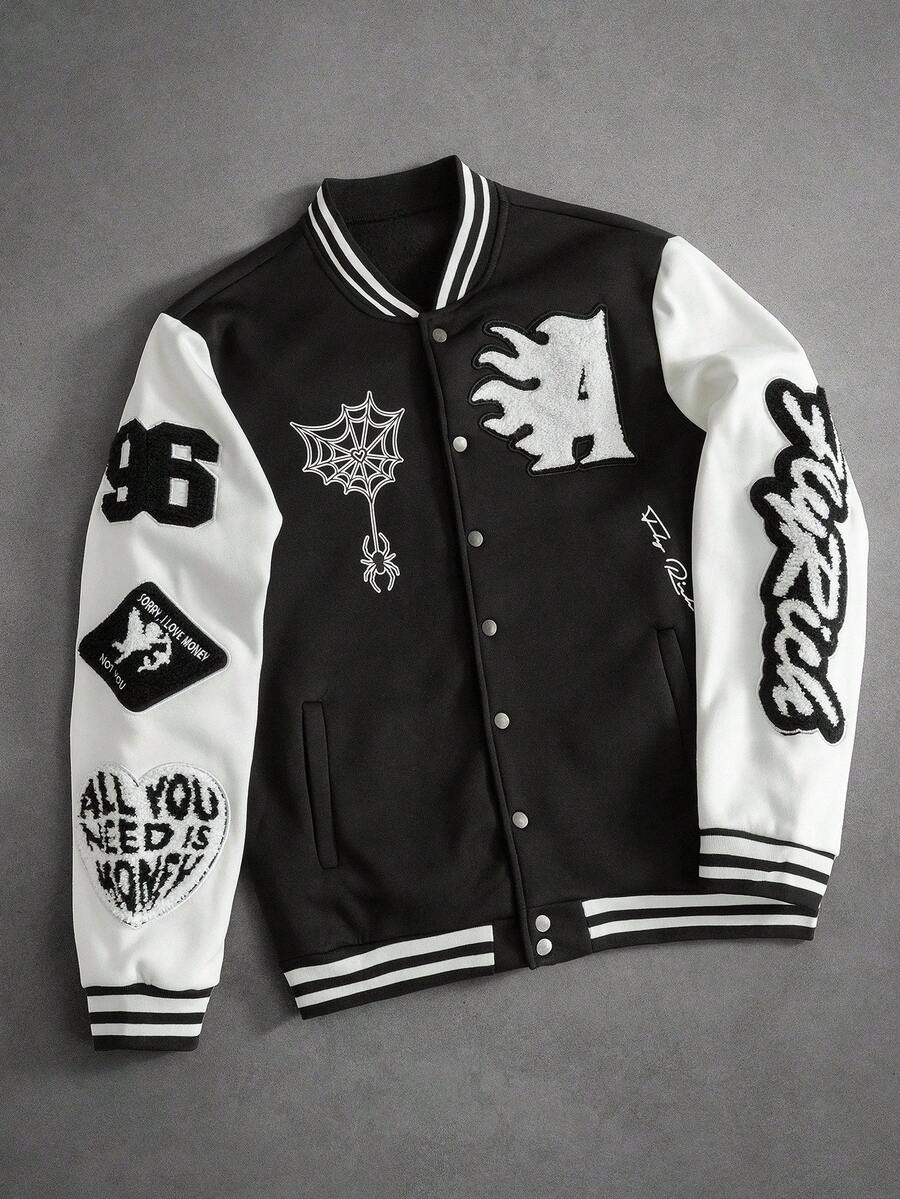 PAVTROS Men's Patchwork Baseball Long Sleeve Jacket, Fall/Winter Graphic Varsity Black And White Jacket, Thermal Lined Jacket - Multicolor - View 1