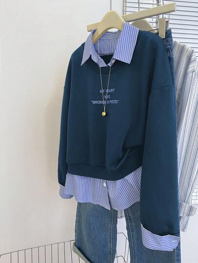 INAWLY Sudadera de manga larga con cuello de camisa, estampado de lema y ajuste holgado casual a rayas para mujer, otoño