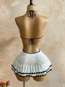 Soleia Váy ngắn đan móc nơ hở lưng phong cách nhiệt đới Bohemian thanh lịch, phù hợp mặc thường ngày mùa xuân/hè, đi biển, dự tiệc cưới, tốt nghiệp, ăn sáng muộn, ngày lễ Thánh Patrick, kỳ nghỉ xuân, lễ Phục sinh, lễ hội âm nhạc vào mùa thu/đông - Màu be - Xem 2