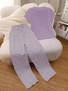 INAWLY 圆领刺绣短袖上衣+条纹印花裤套装，欧美风 - 紫色 - 查看 2