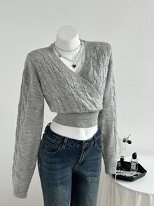 Flirla Women's V-Neck Oblique Placket Belted Slim Fit Long Sleeve Casual Fashionable Knit Sweater, Autumn/Winter - Light Grey - View 3