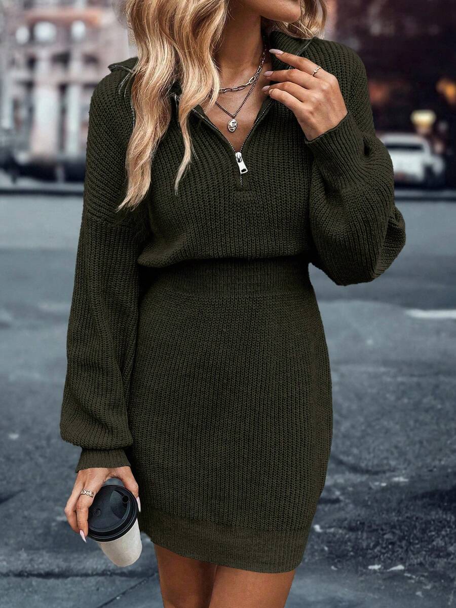 SHEIN LUNE Women's Casual Solid Color Drop Shoulder Long Sleeve Zip Up Half Placket Dress, Autumn/Winter - Army Green - View 1