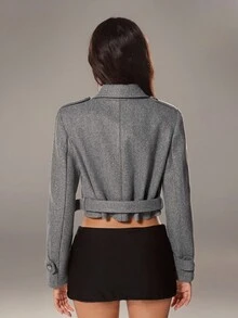 Flirla 1pc Women's Grey Short Jacket With Metal Zipper, Metal Button Decor, Belt, Suitable For Work, Commute, Casual Wear, Autumn - Grey - View 2