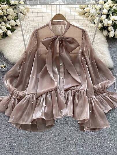 DreamSkyne Plus Size Women's Pearl Beaded Bow Flare Sleeve Elegant Blouse