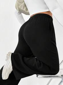 Shapeblank Pantalones casuales anchos de pierna ancha de algodón arrugado con cintura con cordón para mujeres de talla grande con forma de manzana, adecuados para vacaciones de invierno, pantalones negros, atuendos de aeropuerto, atuendo casual, pantalones de invierno para mujeres, atuendos de invierno para mujeres - Negro - Ver 4