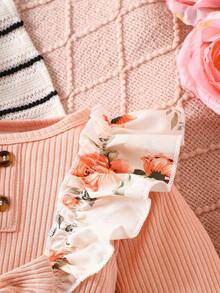 SHEIN Bộ đồ liền thân dài tay in họa tiết hoa viền bèo nhún cho bé gái kèm nơ trang trí - Hồng - Xem 7