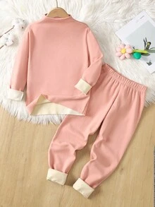 SHEIN 少女秋冬保暖加厚可爱卡通熊刺绣贴片高领长袖复合抓绒长袖T恤和裤子睡衣套装，粉色 - 淺粉色 - 查看 7