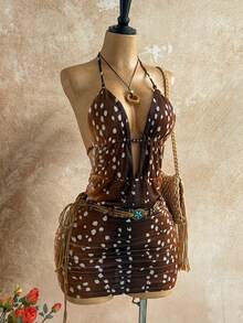 Soleia Women's Ombre Polka Dot Print Deep V Neck Tie Strap Backless Ruched Bodycon Mini Dress,Brown Checkered,Summer,Boho,Vacation,Holiday,Club Party - Multicolor - View 3