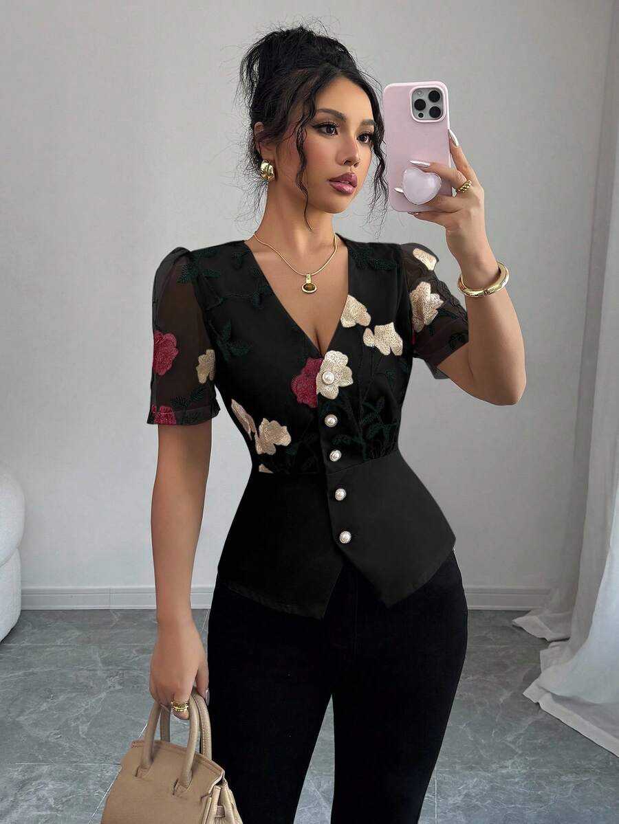 Selianne Áo sơ mi nữ cổ chữ V thắt eo in tiền cổ điển và thêu ren thanh lịch mùa hè, phù hợp để đi làm và đi nghỉ - màu đen - Xem 1