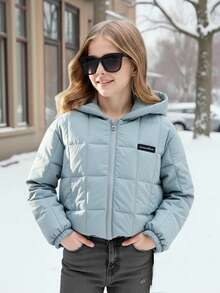 Tween Girls Casual All-Match Versatile Commuter Plaid Padded Collar Padded Coat, Autumn/Winter - Blue - View 1